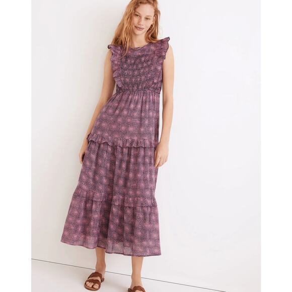 Banjanan Pink Blue 100% Cotton Iris Smocked Floral Midi Dress Size Small - Picture 1 of 9